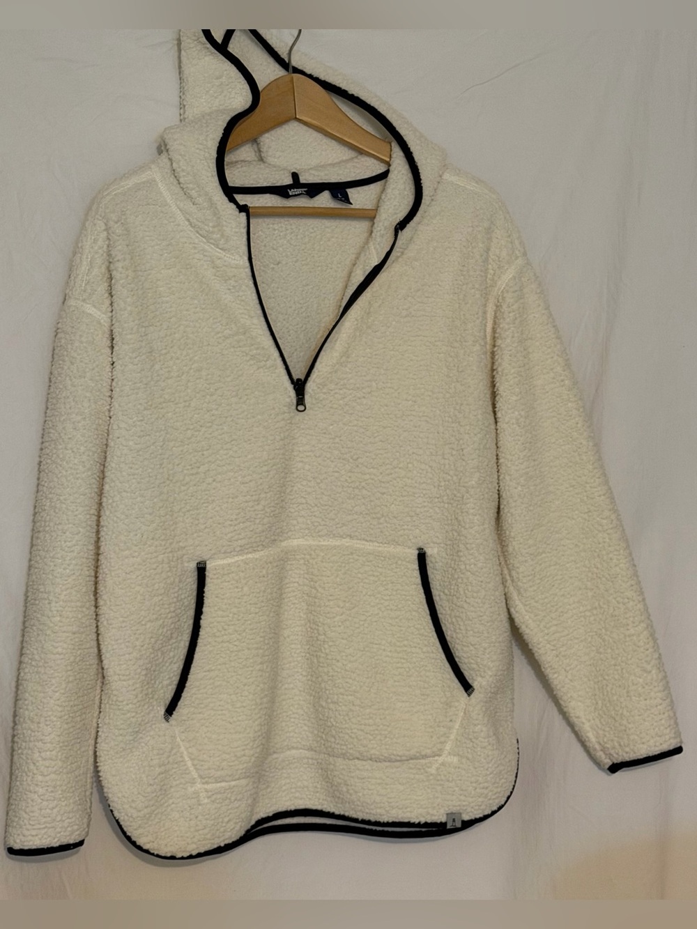 Lands End Cozy Sherpa Fleece Hoodie Ivory Cream Half Zip Pullover Contrast Trim